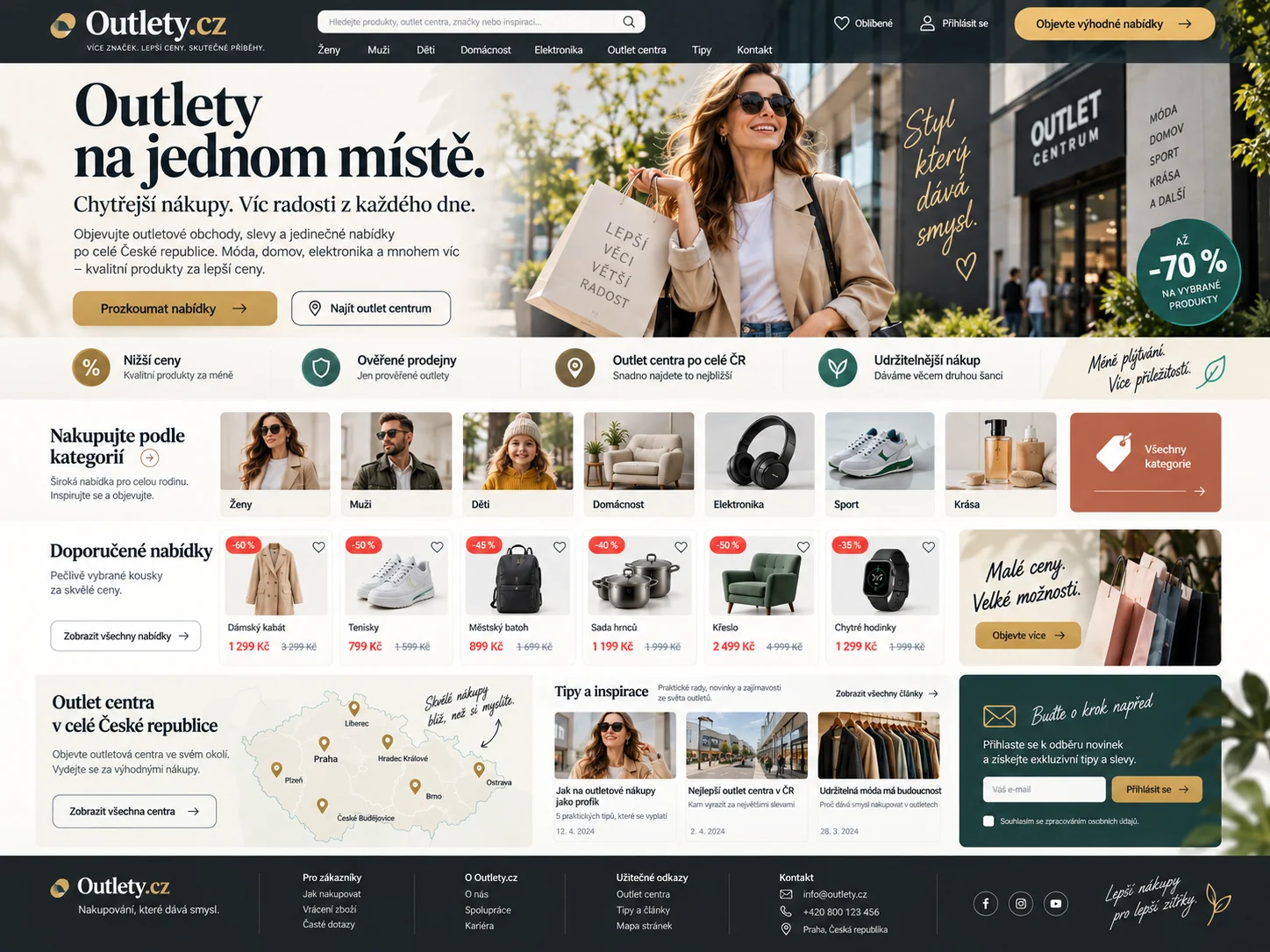 Vizuální návrh možného projektu Outlety.cz zaměřeného na přehled outletů, prodejen a značkových nabídek